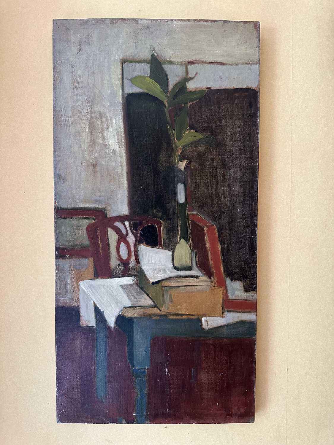 Lot 1542 - *Wendy Passmore (1915-2015) oil on canvas - Interior Still Life, unframed