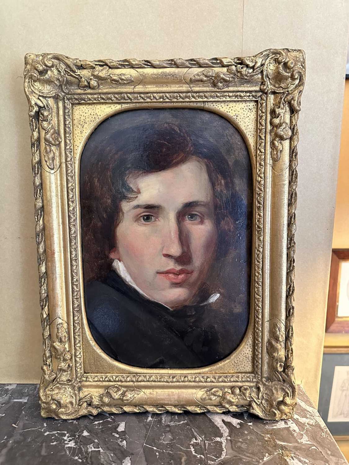 Lot 1544 - Circle of George Richmond, (1809-1896) mid 19th century, oil on board - Portrait of Basil G. Holmes, in gilt frame