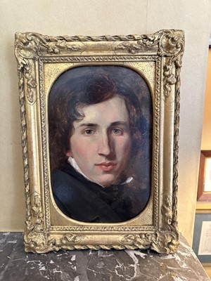 Lot 1544 - Circle of George Richmond, (1809-1896) mid 19th century, oil on board - Portrait of Basil G. Holmes, in gilt frame