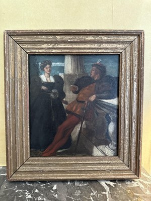 Lot 1545 - Valentine Cameron Prinsep (1838-1904) oil sketch - Renaissance Figures, Benedict and Beatrice, Much Ado about Nothing, in gilt frame. A sketch for Royal Academy picture of 1864, No. 560