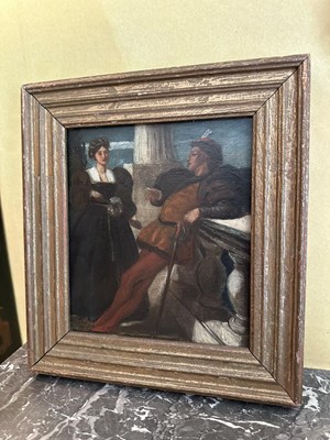 Lot 1545 - Valentine Cameron Prinsep (1838-1904) oil sketch - Renaissance Figures, Benedict and Beatrice, Much Ado about Nothing, in gilt frame. A sketch for Royal Academy picture of 1864, No. 560