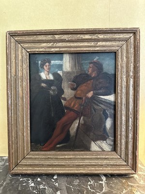 Lot 1545 - Valentine Cameron Prinsep (1838-1904) oil sketch - Renaissance Figures, Benedict and Beatrice, Much Ado about Nothing, in gilt frame. A sketch for Royal Academy picture of 1864, No. 560
