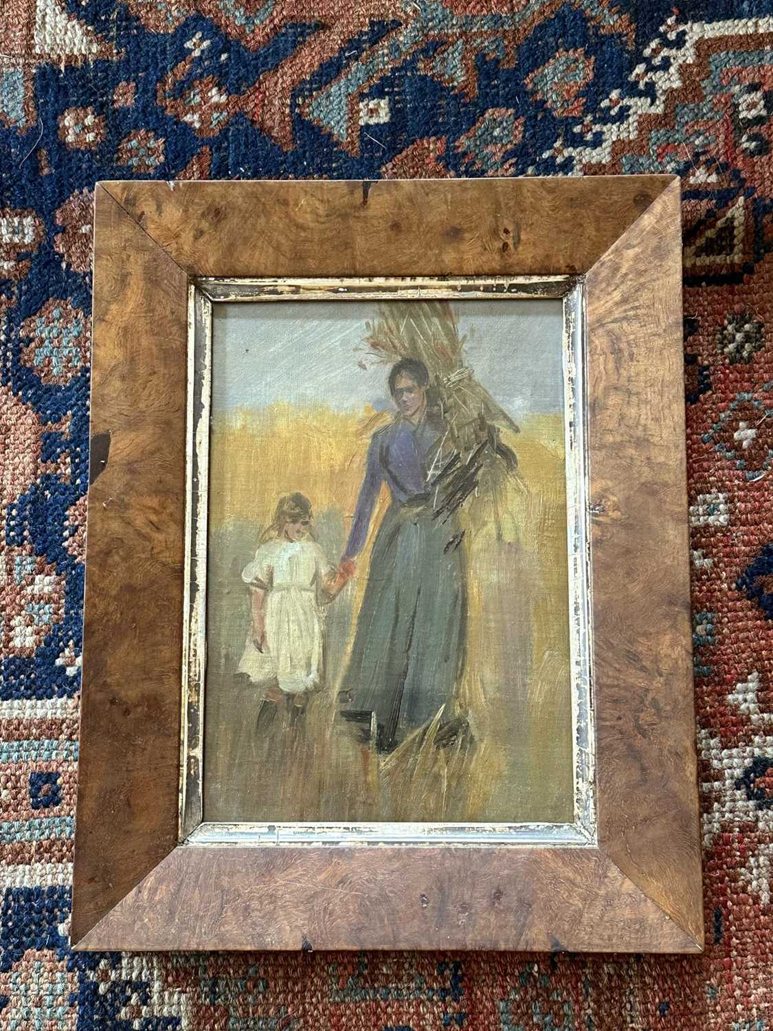 Lot 1546 - Dudley Hardy, English School, early 20th century, oil on board - Harvesting Mother and Child, in maple veneered frame Provenance: Milne & Moller, London, 3rd June 1985