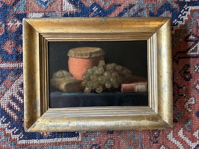 Lot 1547 - E. J. Coleman, mid 19th century, oil on panel - Still Life with Grapes, inscribed verso and dated 1850, 16.5cm x 24cm, in gilt frame