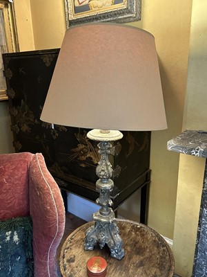 Lot 1549 - Two similar antique pricket type candlesticks, later converted to table lamps