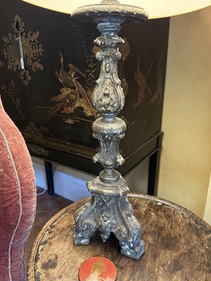 Lot 1549 - Two similar antique pricket type candlesticks, later converted to table lamps