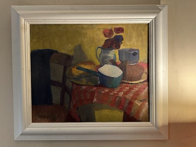 Lot 1639 - *Philip Matthews (1916-1984) oil on canvas - Still Life with Saucepan, inscribed verso painted frame