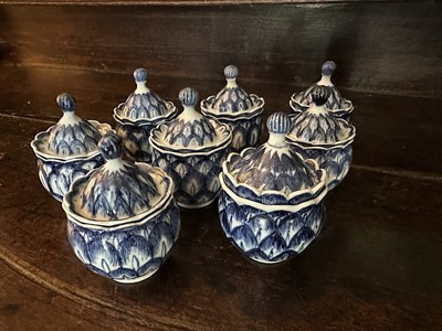 Lot 1641 - Group of eight 18th / 19th century blue and white artichoke cups and covers