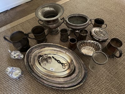 Lot 1650 - Set of four graduated silver plated oval serving dishes, 19th century Old Sheffield plate tankards, plated wine cooler and other plated items