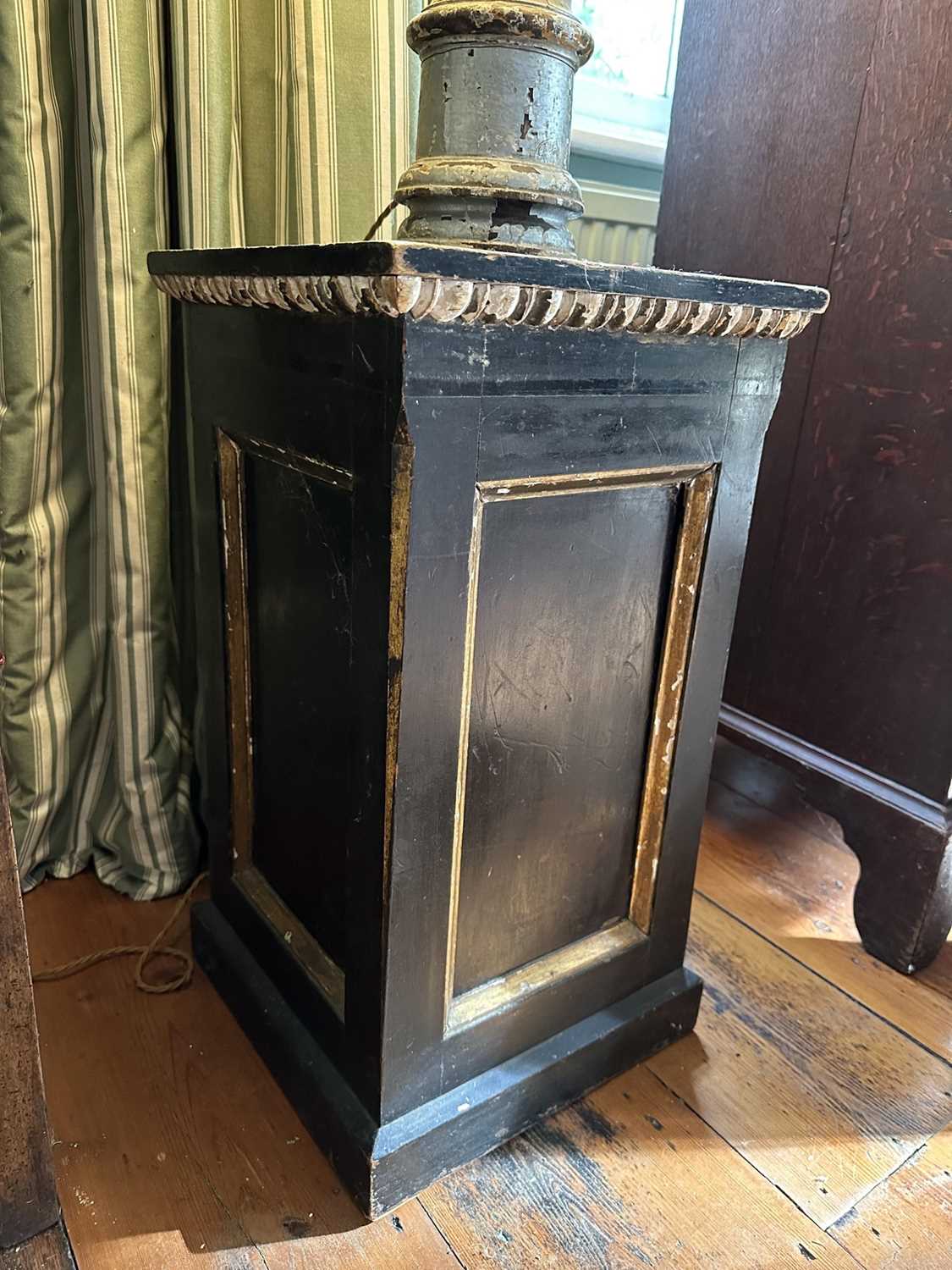 Lot 1608 - Antique pine ebonised and gilt painted pedestal of cube form, on plinth base