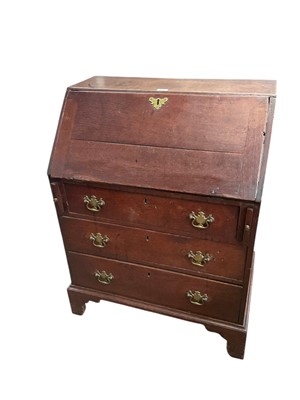 Lot 1609 - Georgian III oak bureau of small proportions with fitted interior, three long drawers, on bracket feet, 74cm wide
