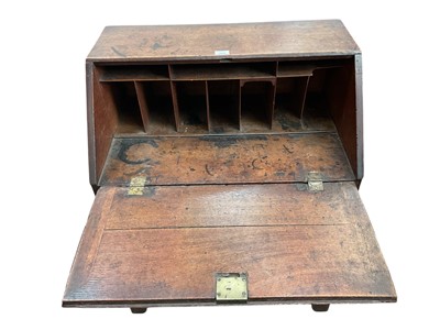 Lot 1609 - Georgian III oak bureau of small proportions with fitted interior, three long drawers, on bracket feet, 74cm wide