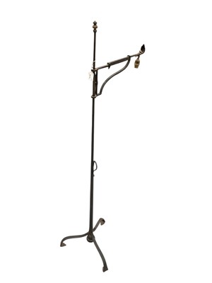 Lot 1615 - Antique wrought iron standard lamp, on tripod base