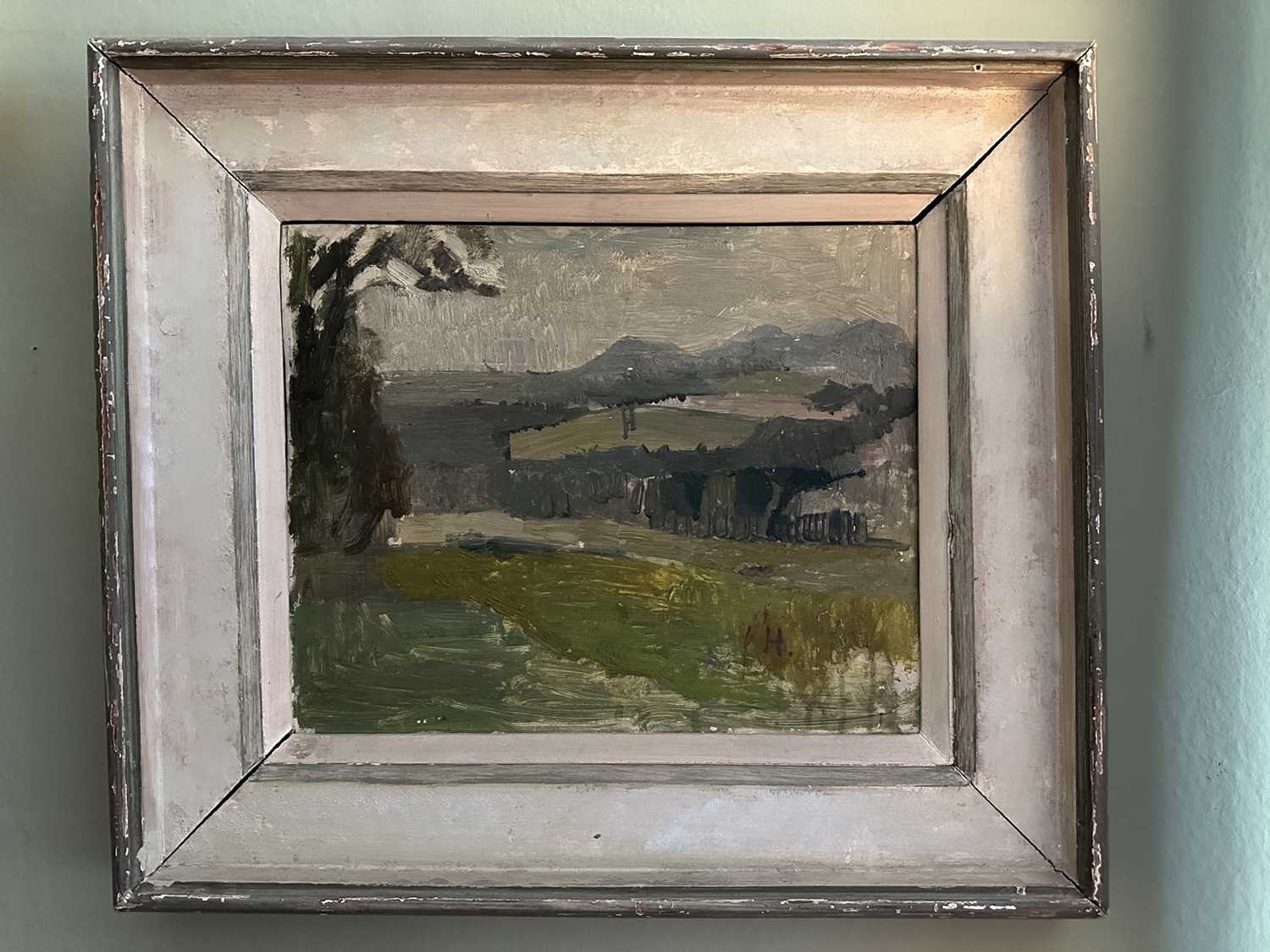 Lot 1618 - *Earl Haig (1861-1928) oil on board - Eildons in Summer, signed with initial H, in painted frame