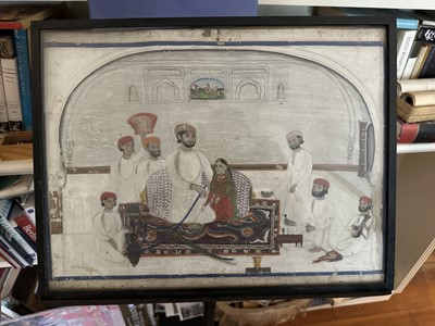 Lot 1620 - 19th century Indian School pencil and gouache panel depicting figures in an interior, framed