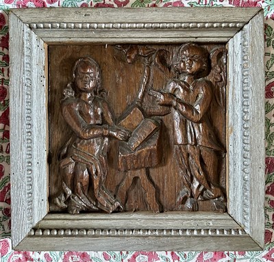 Lot 1622 - 16th / 17th century carved oak panel depicting The Annunciation, framed, 26cm x 27cm