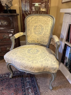 Lot 1556 - Pair of Louis XV style French green painted open elbow chairs with upholstered backs, arms and seats, on cabriole legs f