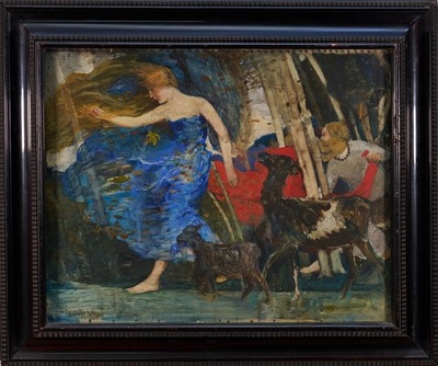 Lot 1560 - David Forrester Wilson (1873-1950) mixed media on paper - figures and livestock in woodland, a study for "The Wind", signed, 45cm x 57cm, in glazed frame