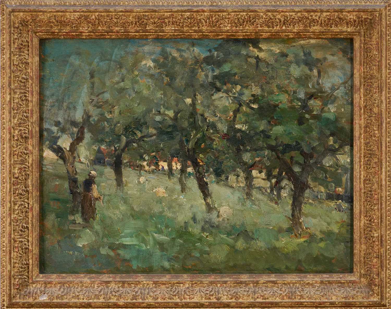 Lot 1561 - George A. Boyle (1842-1930) oil on panel - figure in an orchard, inscribed verso, 32cm x 43cm, in gilt frame