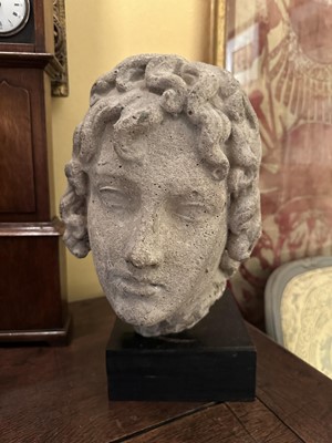 Lot 1563 - Carved stone head of a youth, possibly Mediaeval, presented on a wooden plinth