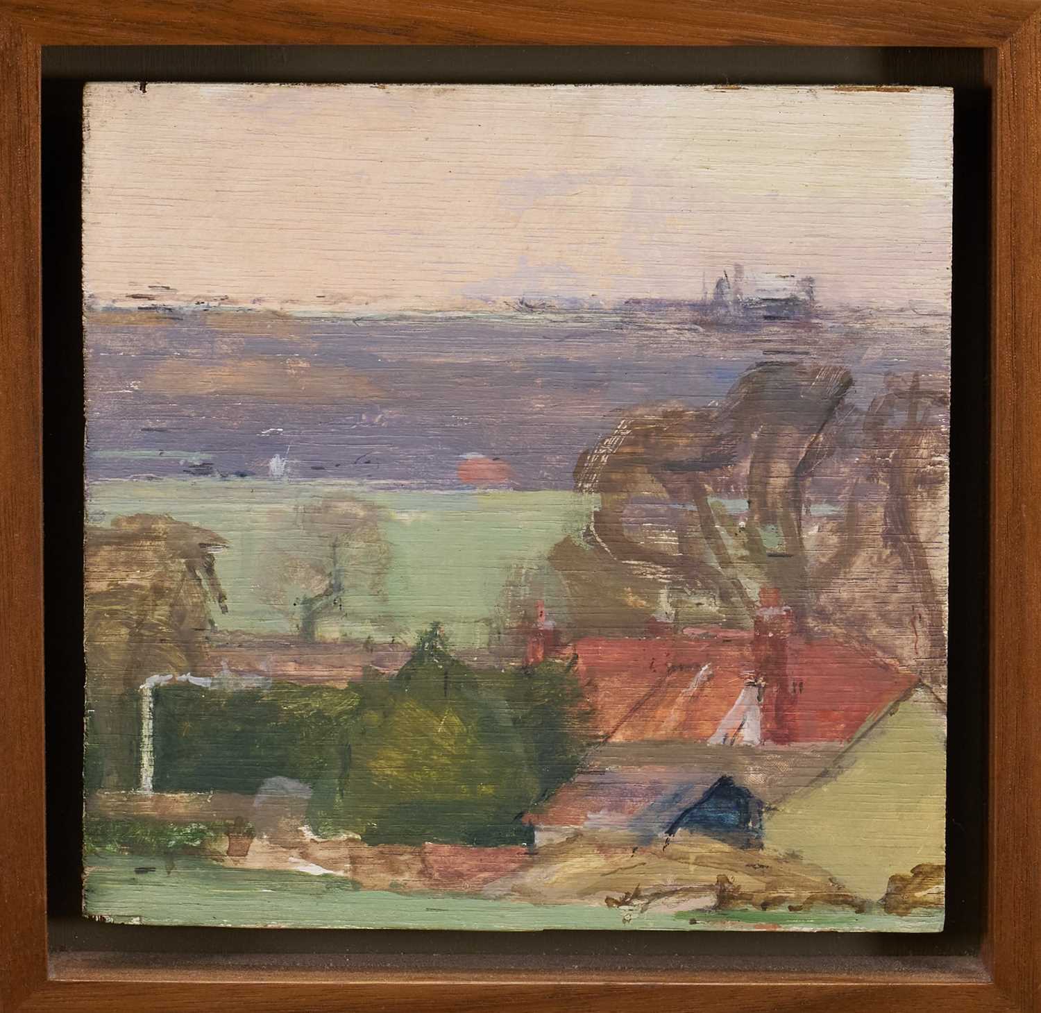 Lot 1564 - *Patrick George (1923-2016) oil on panel - Rooftop, Hickbush, 16.5cm square, framed Provenance: Contempoary & Post War British Art Sale in Air of Gainsborough's House, Reeman Dansie,...