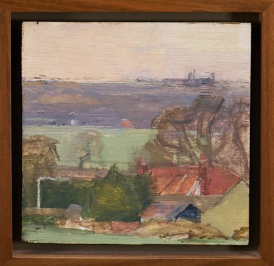 Lot 1564 - *Patrick George (1923-2016) oil on panel - Rooftop, Hickbush, 16.5cm square, framed Provenance: Contempoary & Post War British Art Sale in Air of Gainsborough's House, Reeman Dansie,...