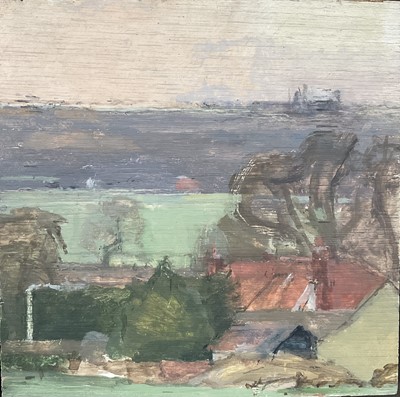Lot 1564 - *Patrick George (1923-2016) oil on panel - Rooftop, Hickbush, 16.5cm square, framed Provenance: Contempoary & Post War British Art Sale in Air of Gainsborough's House, Reeman Dansie,...