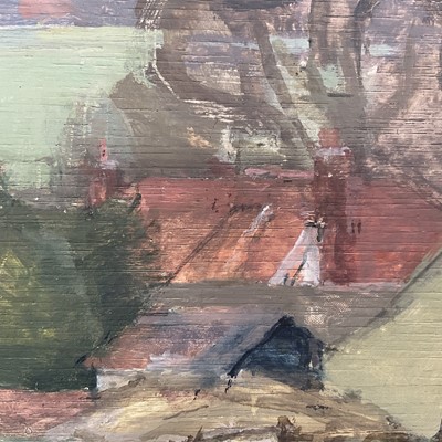 Lot 1564 - *Patrick George (1923-2016) oil on panel - Rooftop, Hickbush, 16.5cm square, framed Provenance: Contempoary & Post War British Art Sale in Air of Gainsborough's House, Reeman Dansie,...