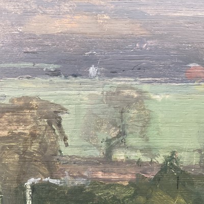 Lot 1564 - *Patrick George (1923-2016) oil on panel - Rooftop, Hickbush, 16.5cm square, framed Provenance: Contempoary & Post War British Art Sale in Air of Gainsborough's House, Reeman Dansie,...