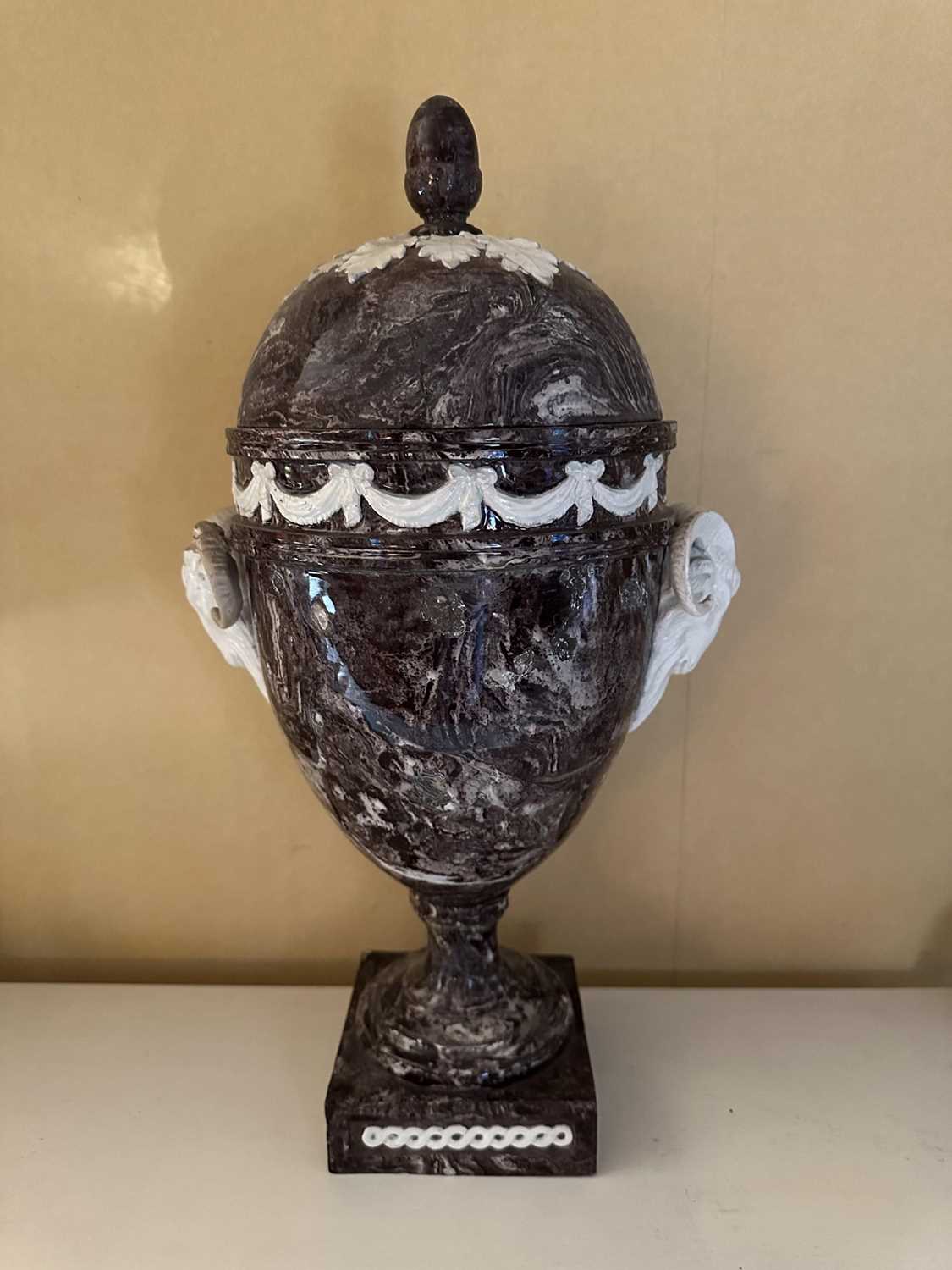 Lot 1574 - 18th century marbled urn and cover in the manner of Wedgwood