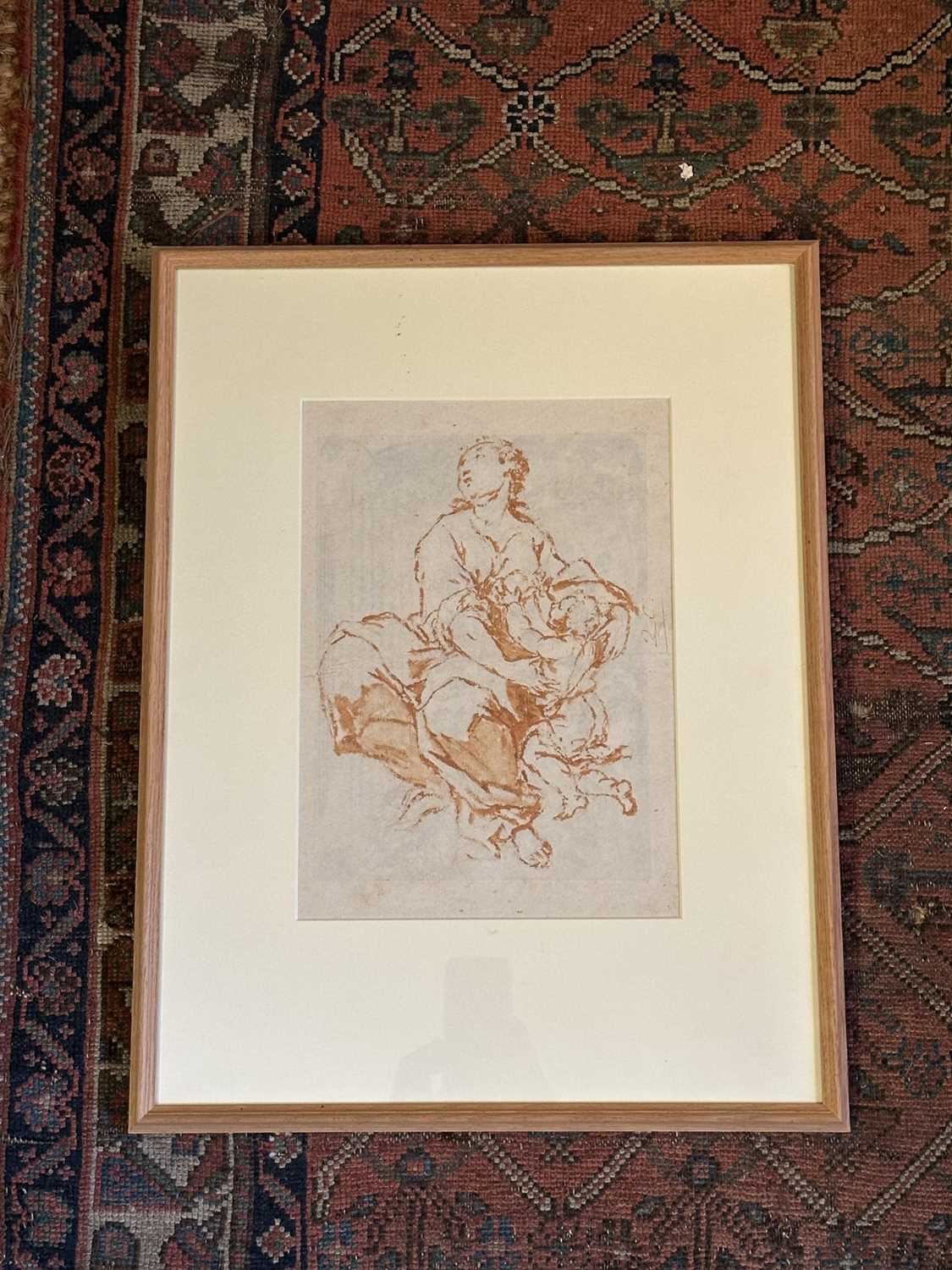 Lot 1579 - Old Master type, Genoese School, 17th century red ink and wash sketch depicting a mother and child, 33cm x 23.5cm, in glazed frame