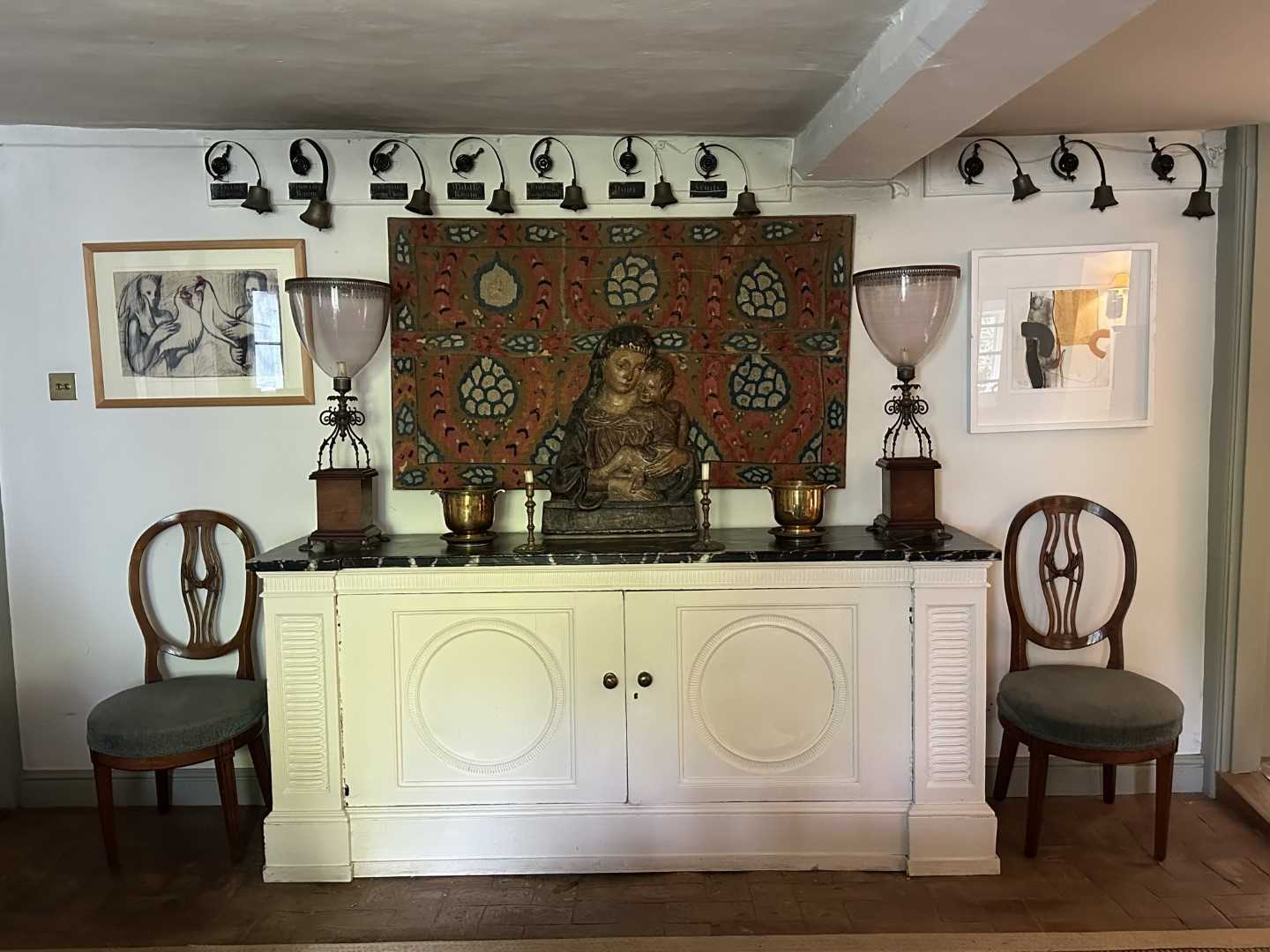 Lot 1583 - 19th century sideboard, white painted with faux marble painted top, twin doors with circular central panels flanked by pillars, on plinth base