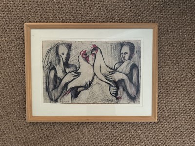 Lot 1585 - *Keith McIntyre (b.1959) charcoal and coloured chalk - Two Boys with Cockerels, signed and dated '86, in glazed frame