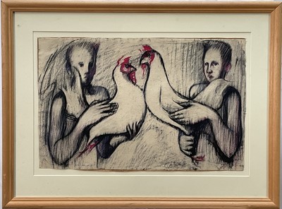 Lot 1054 - *Keith McIntyre (b.1959) charcoal and coloured chalk - Two Boys with Cockerels, signed and dated '86, in glazed frame