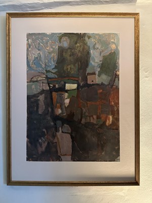 Lot 1591 - *Philip Jones (1933-2008) gouache on paper - Figure in Landscape, signed and dated 1981, inscribed, in glazed gilt frame Provenance: Vanessa Devereux Gallery Ltd., 3rd April 1990