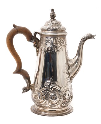 Lot 1599 - George II silver coffee pot of tapered form, later repoussé foliate decoration, wooden scroll handle, by Thomas Whipham (London 1749) all at 26.5ozs