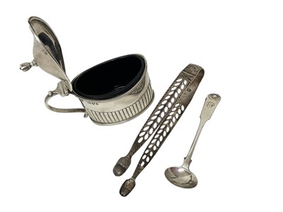 Lot 1600 - Victorian silver mustard pot with half reeded body and blue glass liner (London 1892), a Victorian Glasgow silver spoon and a pair of Georgian silver sugar tongs