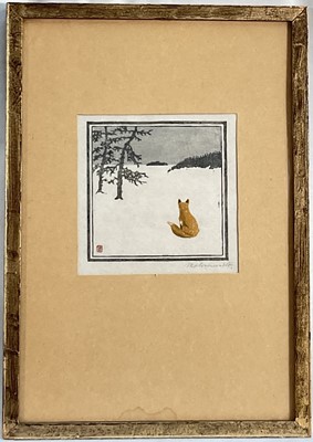 Lot 59 - Moritz Grunewaldt (1870-1933) woodcut print - Fox, signed, 10cm x9.5cm, in glazed frame.
