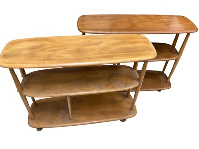 Lot 5201 - Near pair of Ercol elm two tier étageres, 91cm wide x 31cm deep x 71cm high