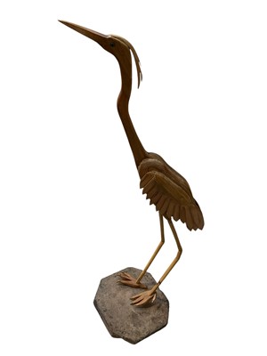 Lot 5210 - Scratch built garden carved pine and bamboo model of a heron, on heavy plinth base, 110cm high