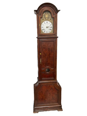 Lot 5213 - 19th century Continental burr wood longcase clock, possibly Maltese, with pierced brass and enamel dial, signed Roch Imbert, a la Valette, with twin train movement, 243cm high