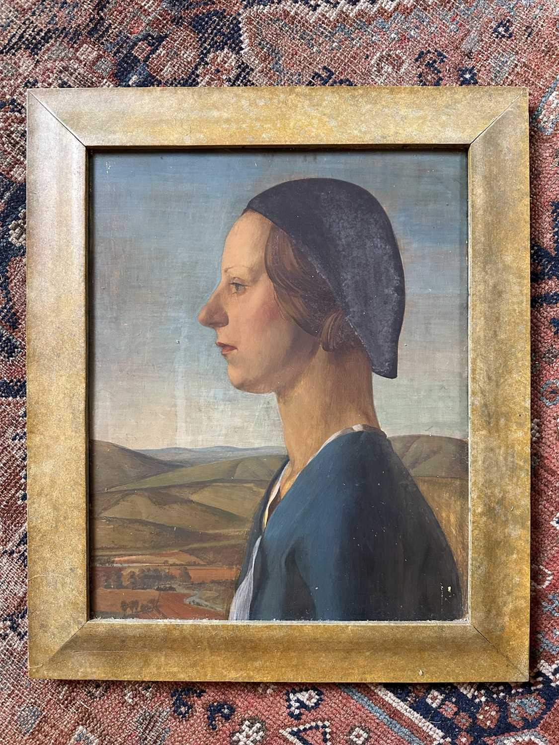 Lot 1554 - Early 20th century, oil on board - profile portrait of a lady before a distant landscape, 39cm x 31cm, framed