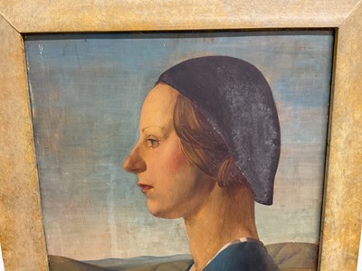 Lot 1554 - Early 20th century, oil on board - profile portrait of a lady before a distant landscape, 39cm x 31cm, framed