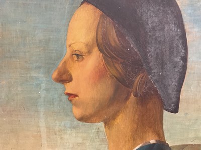 Lot 1554 - Early 20th century, oil on board - profile portrait of a lady before a distant landscape, 39cm x 31cm, framed