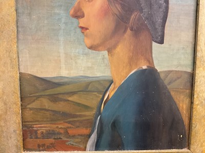 Lot 1554 - Early 20th century, oil on board - profile portrait of a lady before a distant landscape, 39cm x 31cm, framed