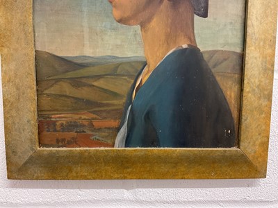 Lot 1554 - Early 20th century, oil on board - profile portrait of a lady before a distant landscape, 39cm x 31cm, framed