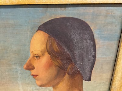 Lot 1554 - Early 20th century, oil on board - profile portrait of a lady before a distant landscape, 39cm x 31cm, framed