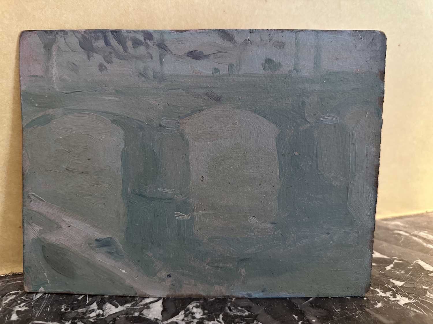 Lot 1555 - Attributed to Albert de Belleroche (1864-1944) oil sketch on card - A Bridge, unframed, 14.5cm x 19.5cm