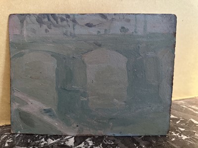 Lot 1555 - Attributed to Albert de Belleroche (1864-1944) oil sketch on card - A Bridge, unframed, 14.5cm x 19.5cm