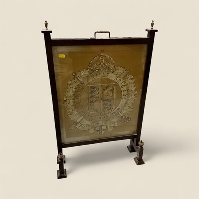 Lot 5223 - Fire screen decorated in velvet with the arms of the London Rifle Brigade, South Africa 1900-02, 76cm high